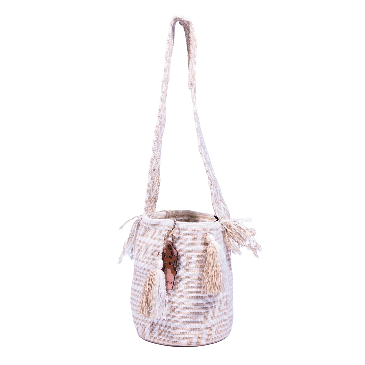 Handwoven 'Samantha' Medium Bag - White and Beige Mochila