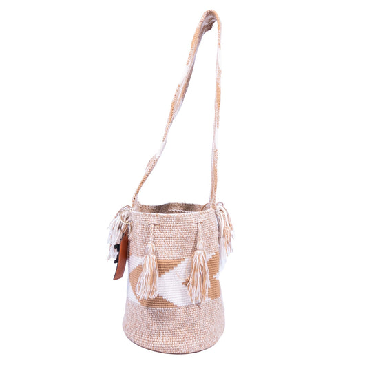 Handwoven 'Sofia' Medium Bag - White and Beige Mochila